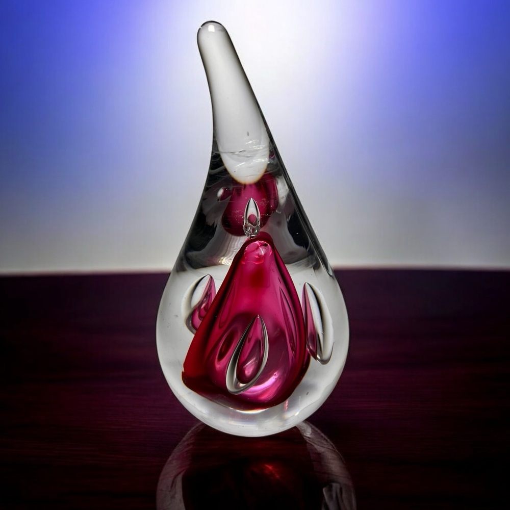 Adam Jablonski Studio Art Glass Vintage Paperweight Signed Teardrop Cranberry